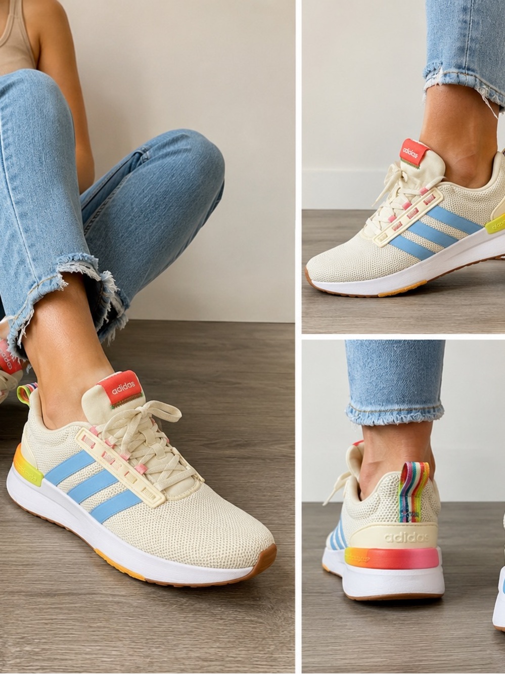 adidas Women’s Cream Sneakers with Light Blue Stripes and Rainbow Heel